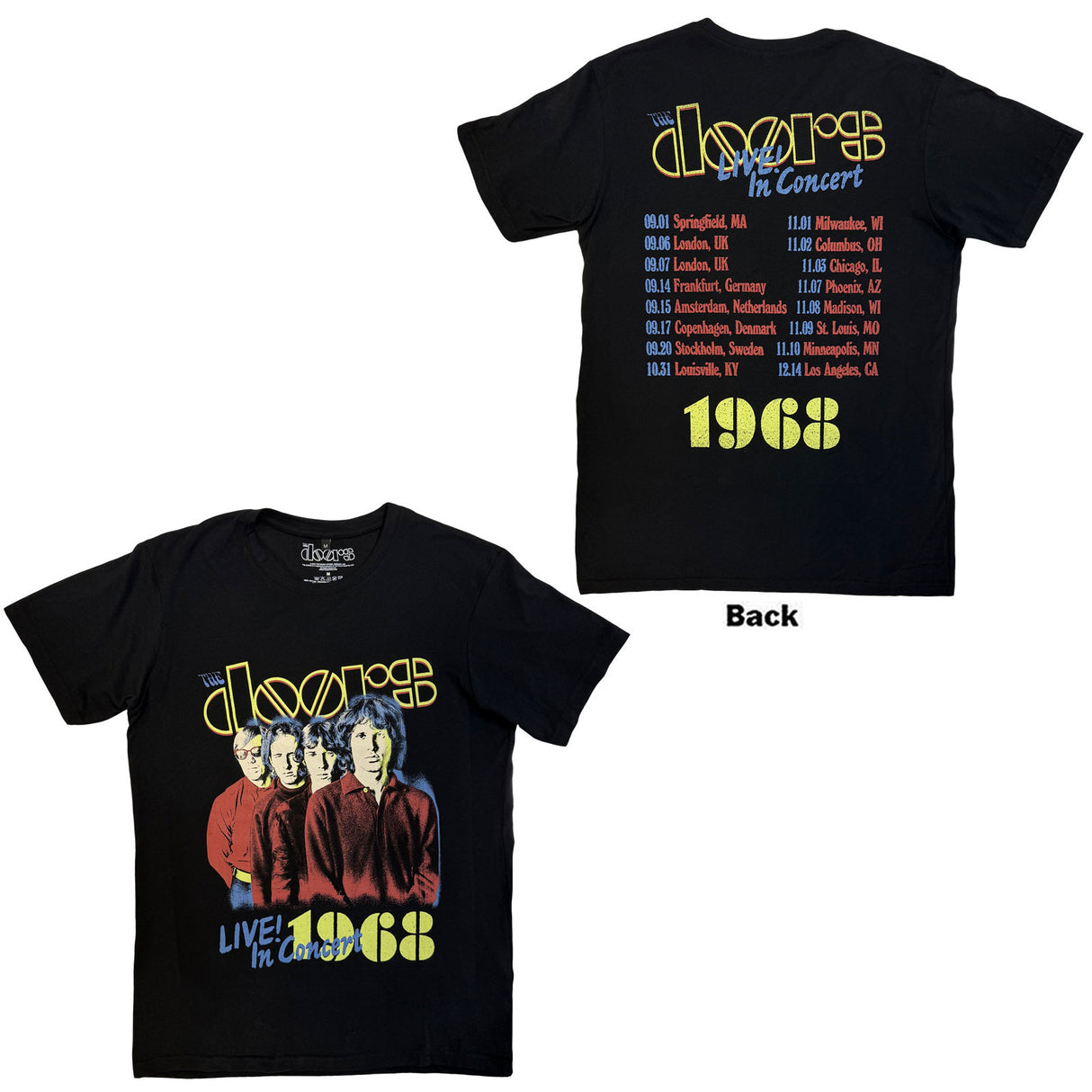 The Doors Unisex Carbon T-Shirt Live In Concert '68 (Back Print) Black (XL)