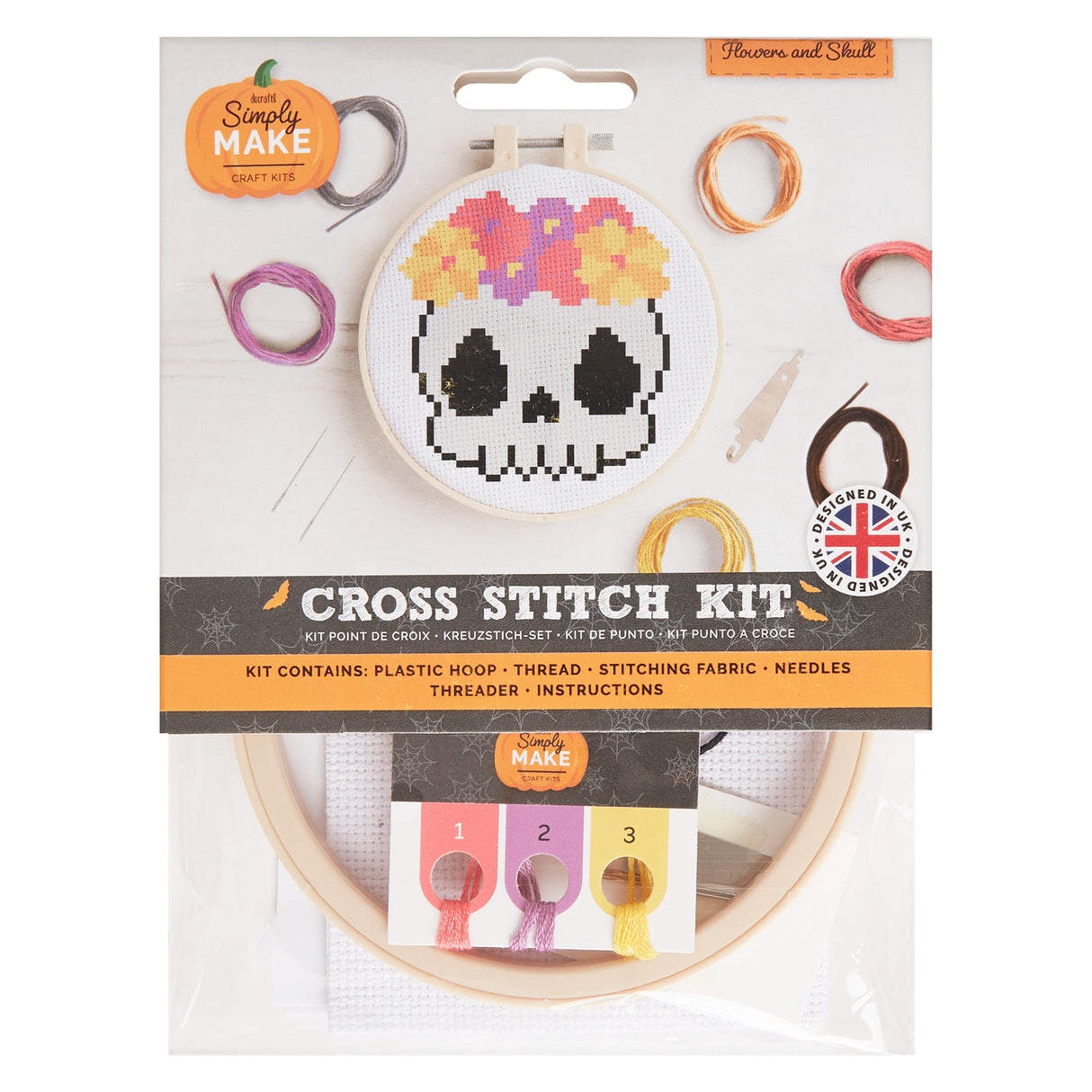 Simply Make 5" Halloween Cross Stitch Kit - Flowers and Skull
