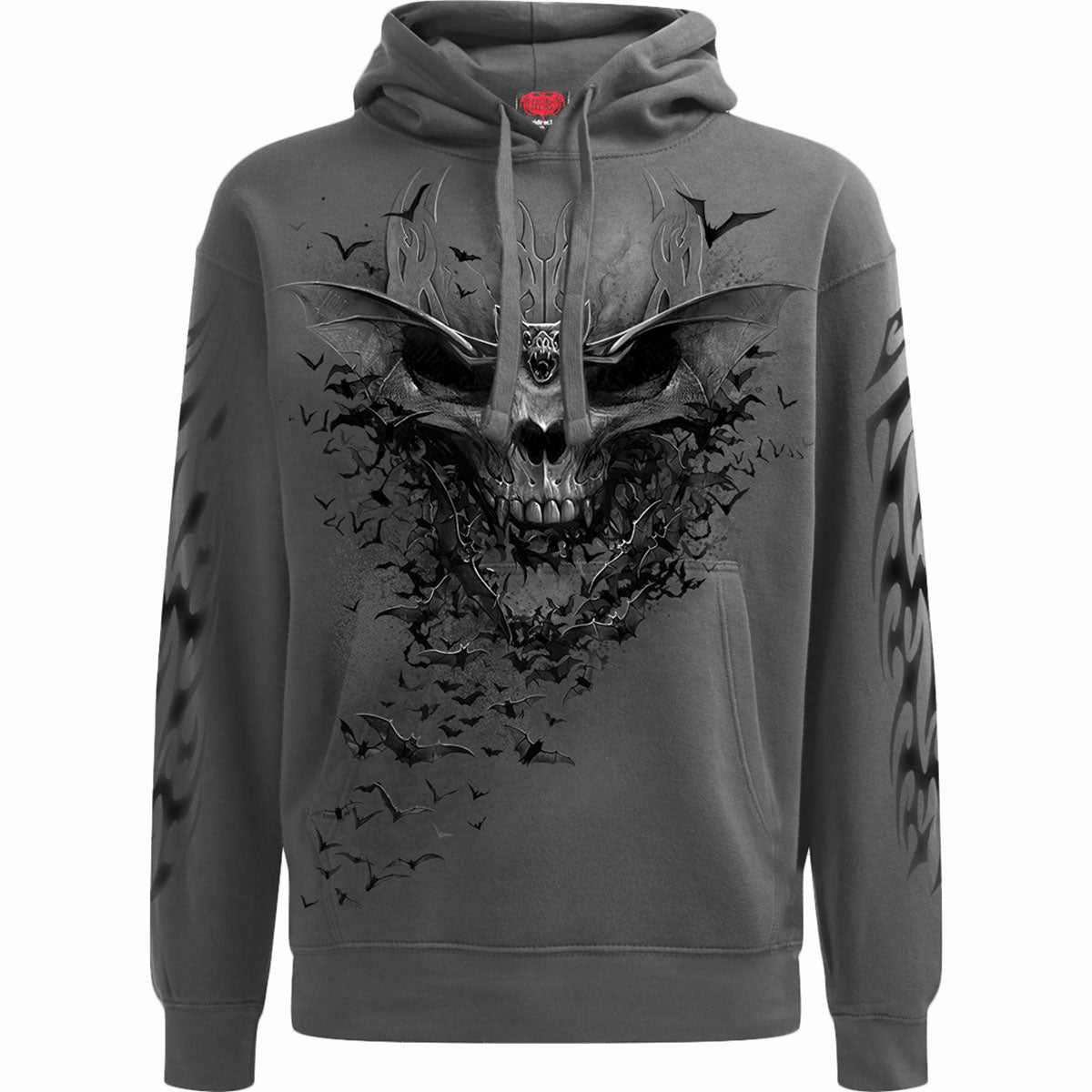 Spiral Unisex Pullover Hoodie Bat Skull (Back & Sleeve Print) Grey (XXL)
