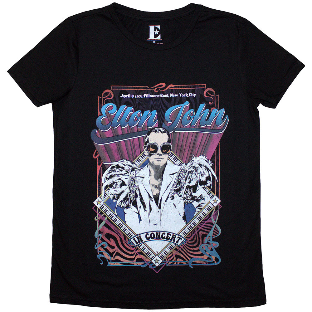 Elton John Ladies T-Shirt Psych Vintage Black (S)