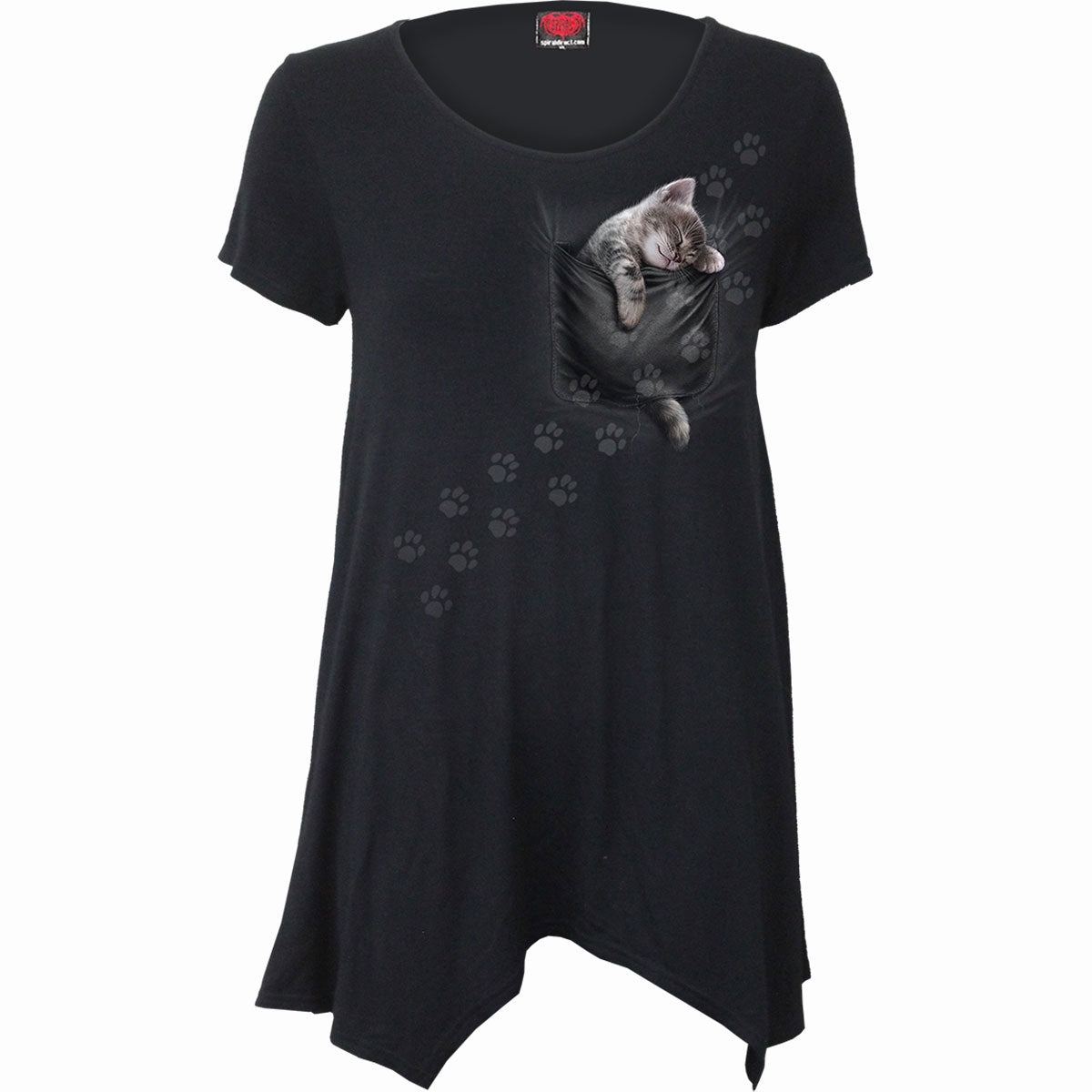 Spiral Ladies Smock Tunic Casual Top Pocket Kitten Black (M)