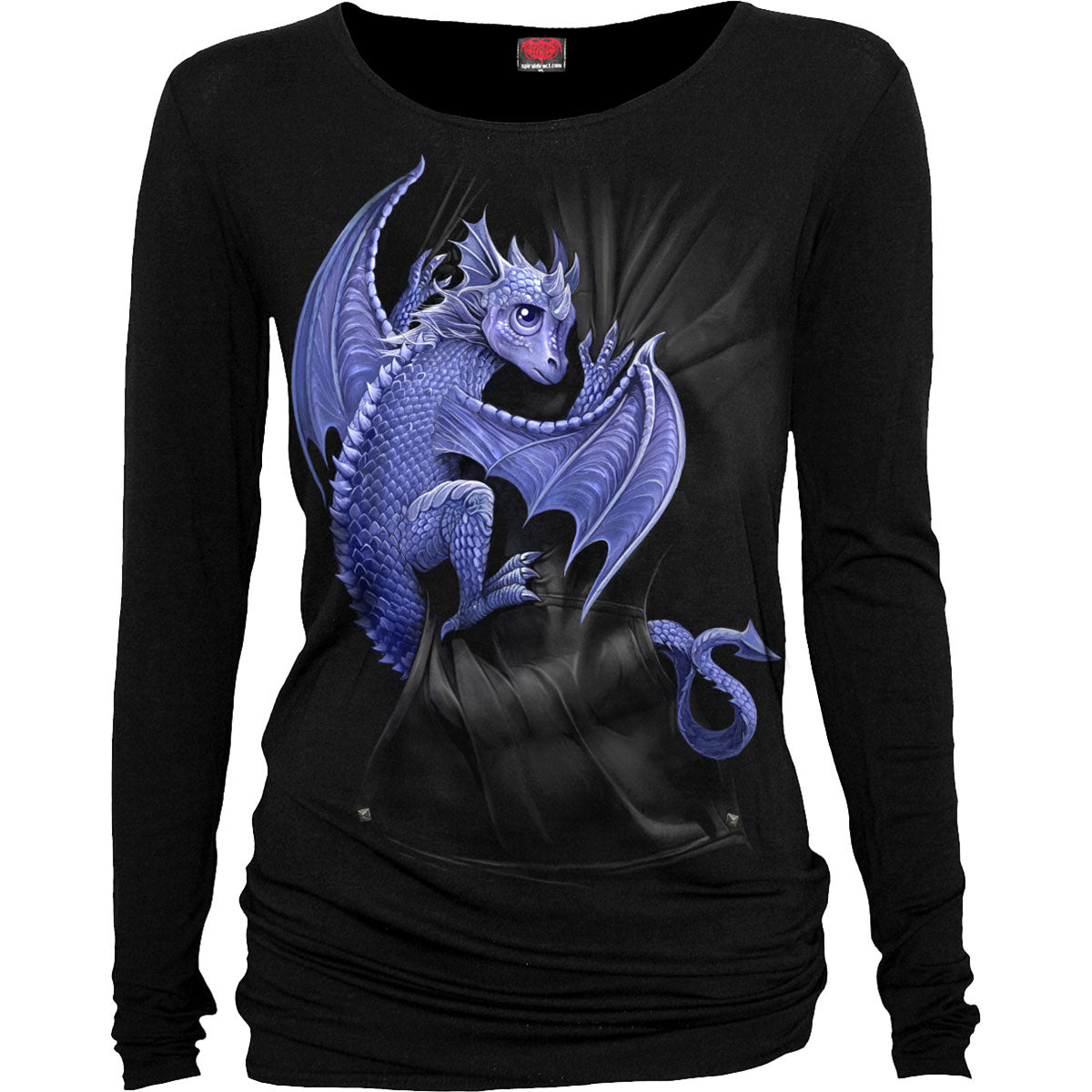Spiral Ladies Long Sleeve Baggy T-Shirt Pocket Dragon Black (XXL)