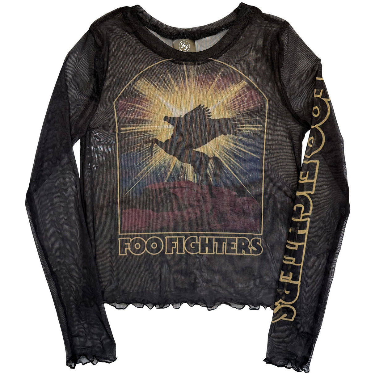 Foo Fighters Ladies Long Sleeve Mesh Crop Top Pegasus Black (S)