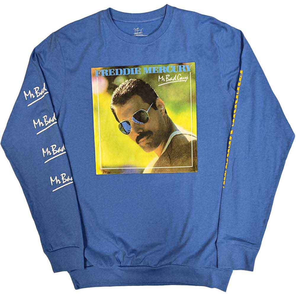 Freddie Mercury Unisex Long Sleeve T-Shirt Mr Bad Guy (Sleeve Print) Blue (L)