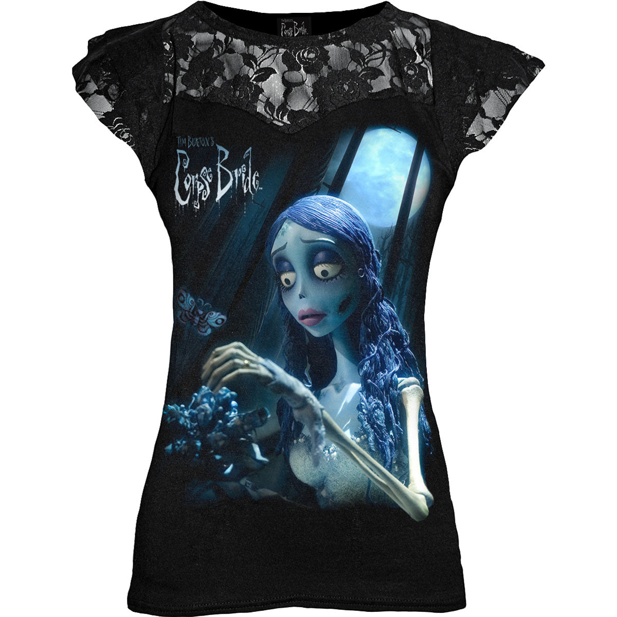 Corpse Bride Ladies Lace Layered Cap Sleeve Top Glow In The Dark Black (XXL)