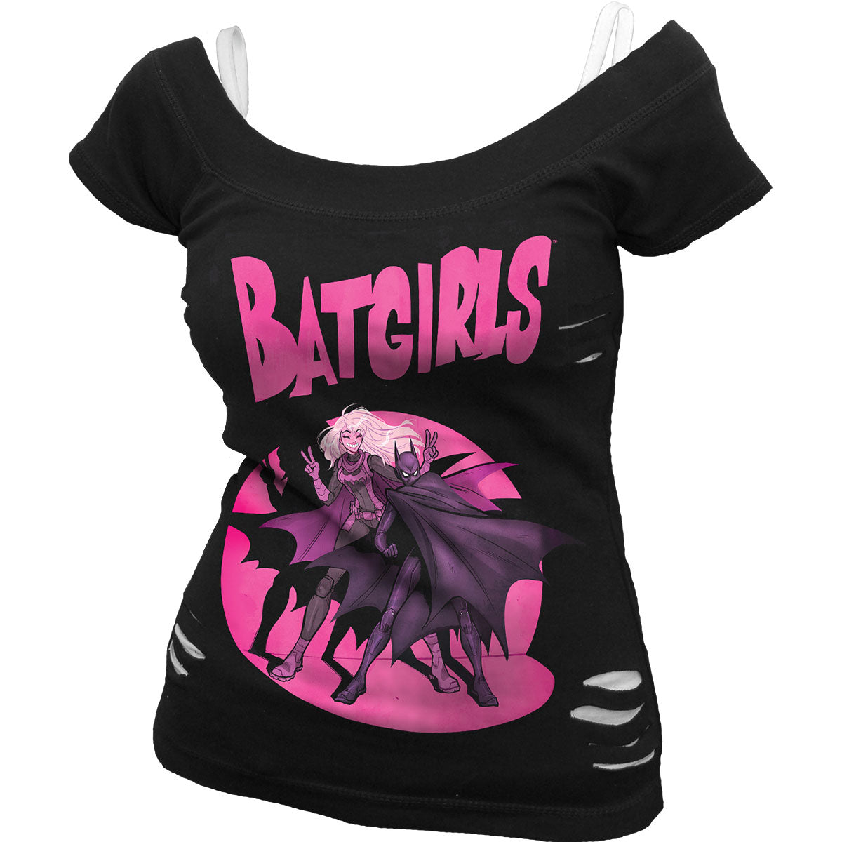 DC Comics Ladies 2-in-1 Ripped Top Batman Batgirls Duo Black & White (S)
