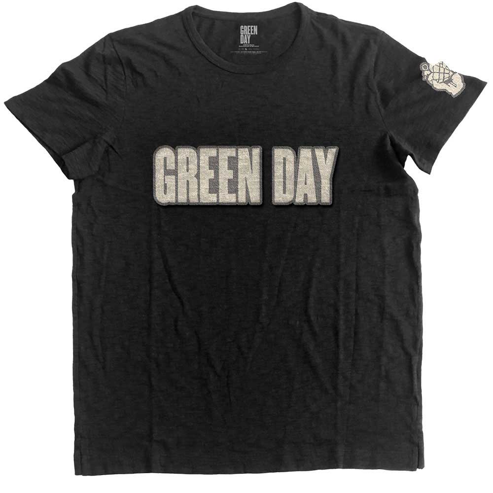 Green Day Men's Fashion T-Shirt Logo & Grenade Applique Motifs Black (XL)