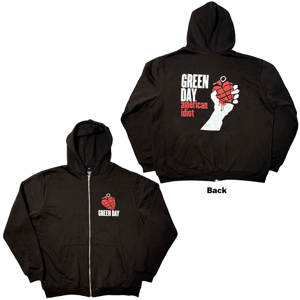 Green Day Unisex Zipped Hoodie American Idiot (Back Print) Black (L)