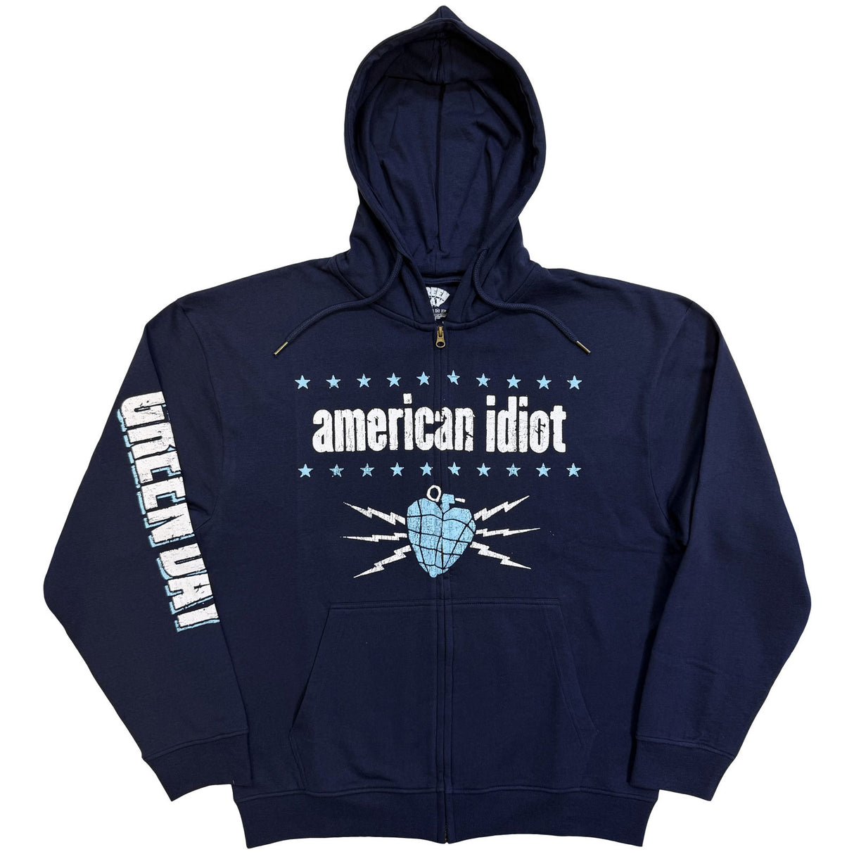Green Day Unisex Zipped Hoodie American Idiot Electric (Sleeve Print) Navy Blue (S)