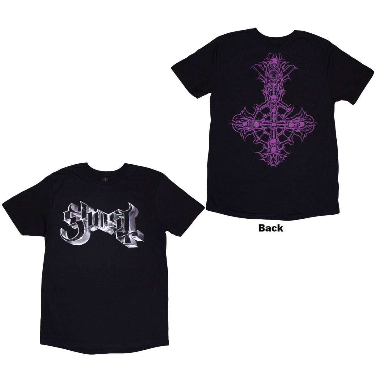 Ghost Unisex T-Shirt Metal Logo & Purple Grucifix (Back Print) Black (L)