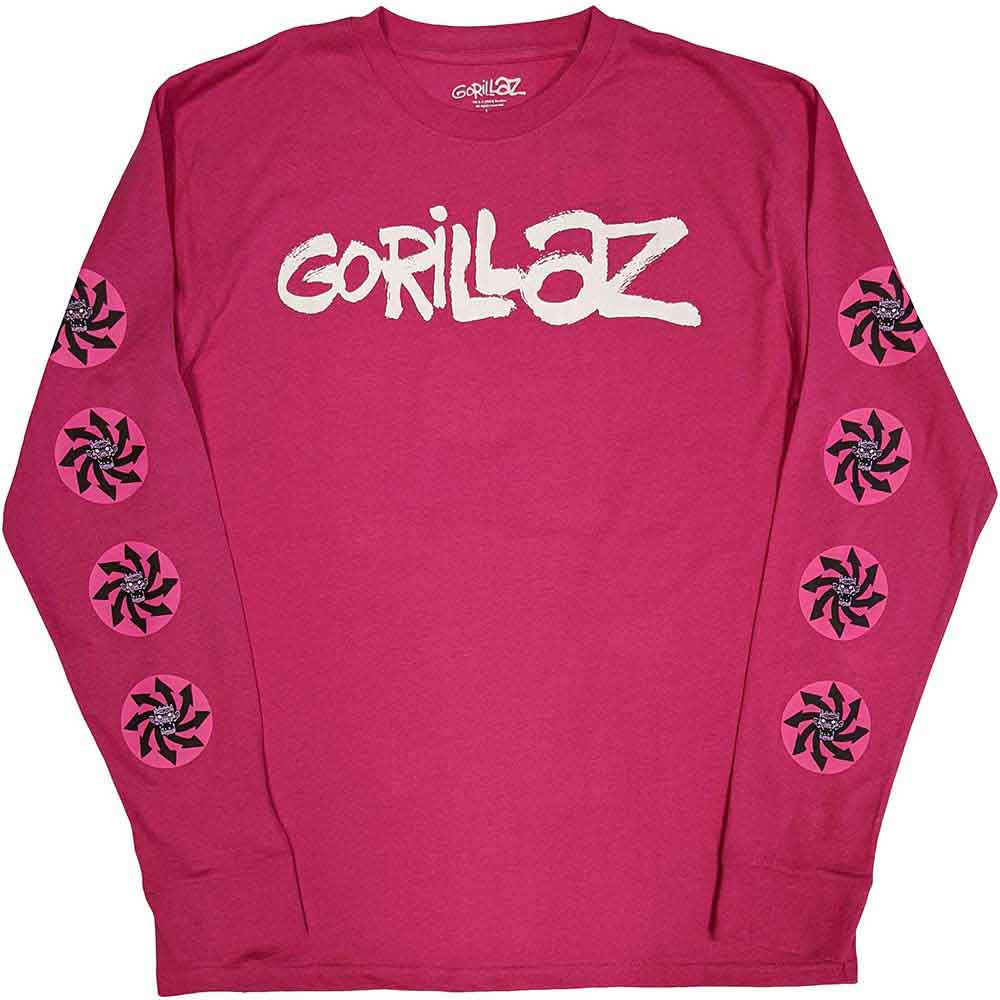 Gorillaz Unisex Long Sleeve T-Shirt Repeat Pazuzu (Sleeve Print) Pink (L)