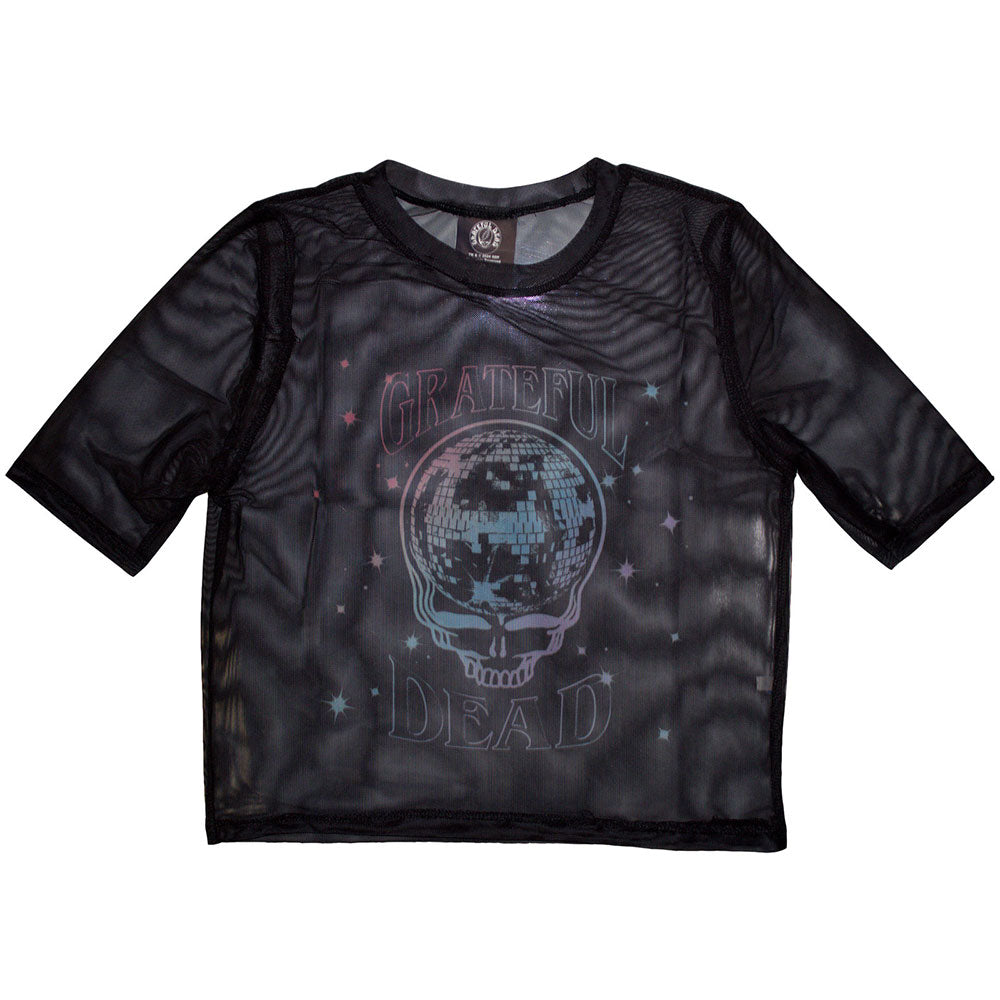 Grateful Dead Ladies Crop Top Stealy Glitter Ball (Mesh) Black (XXS)