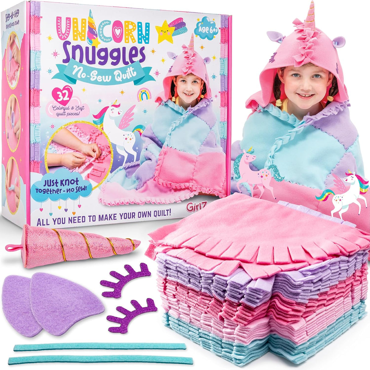 GirlZone Unicorn Snuggles No Sew Quilt Kit