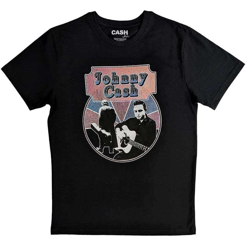 Johnny Cash Unisex T-Shirt Walking Guitar & Front On Black (XXL)