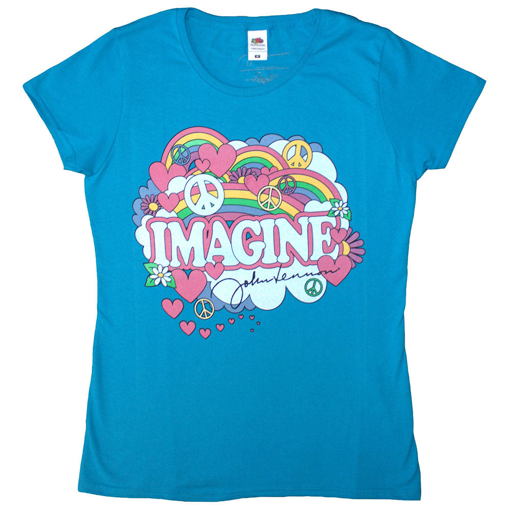 John Lennon Ladies T-Shirt Rainbows Love & Peace Blue (XL)