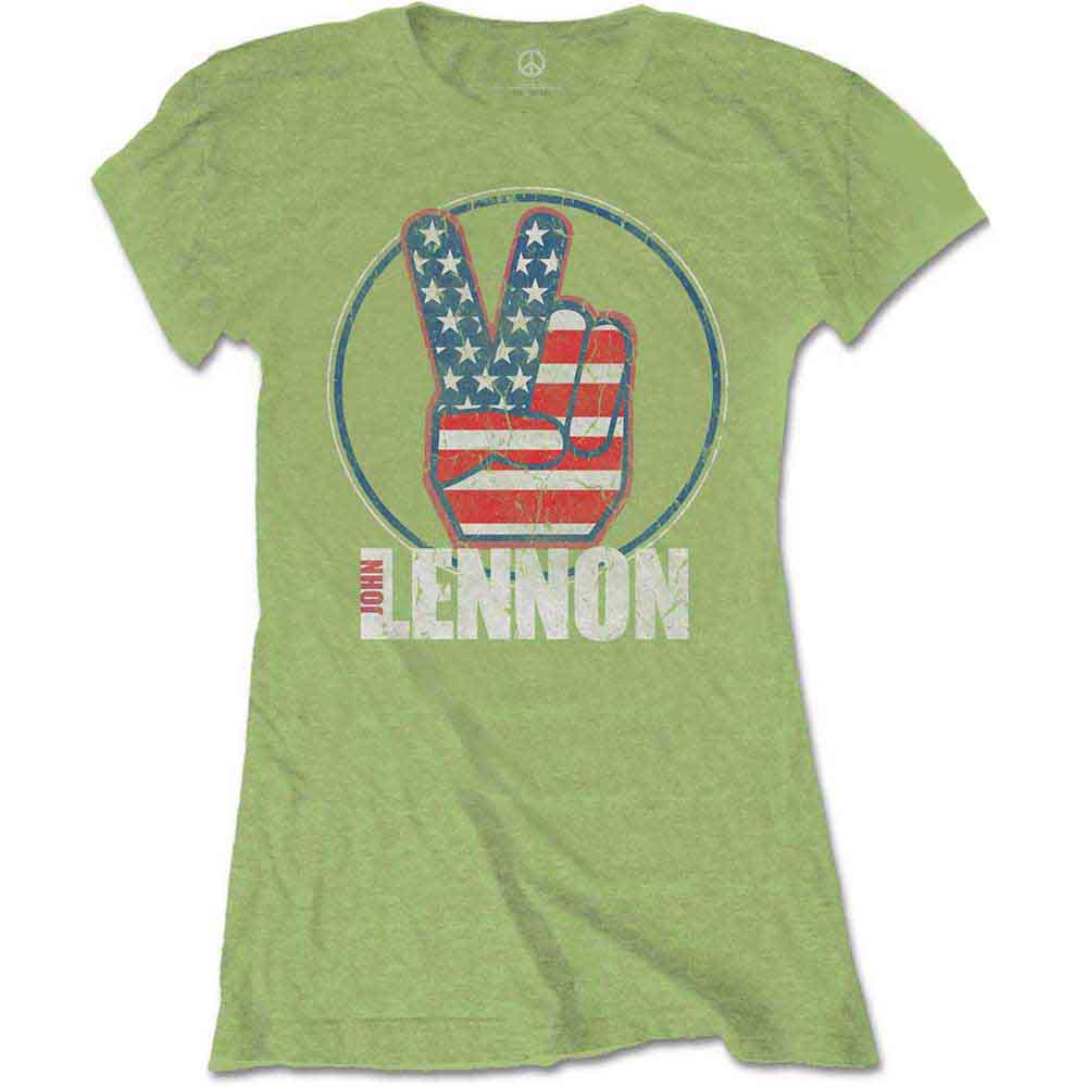 John Lennon Ladies T-Shirt Peace Fingers US Flag Green (XL)