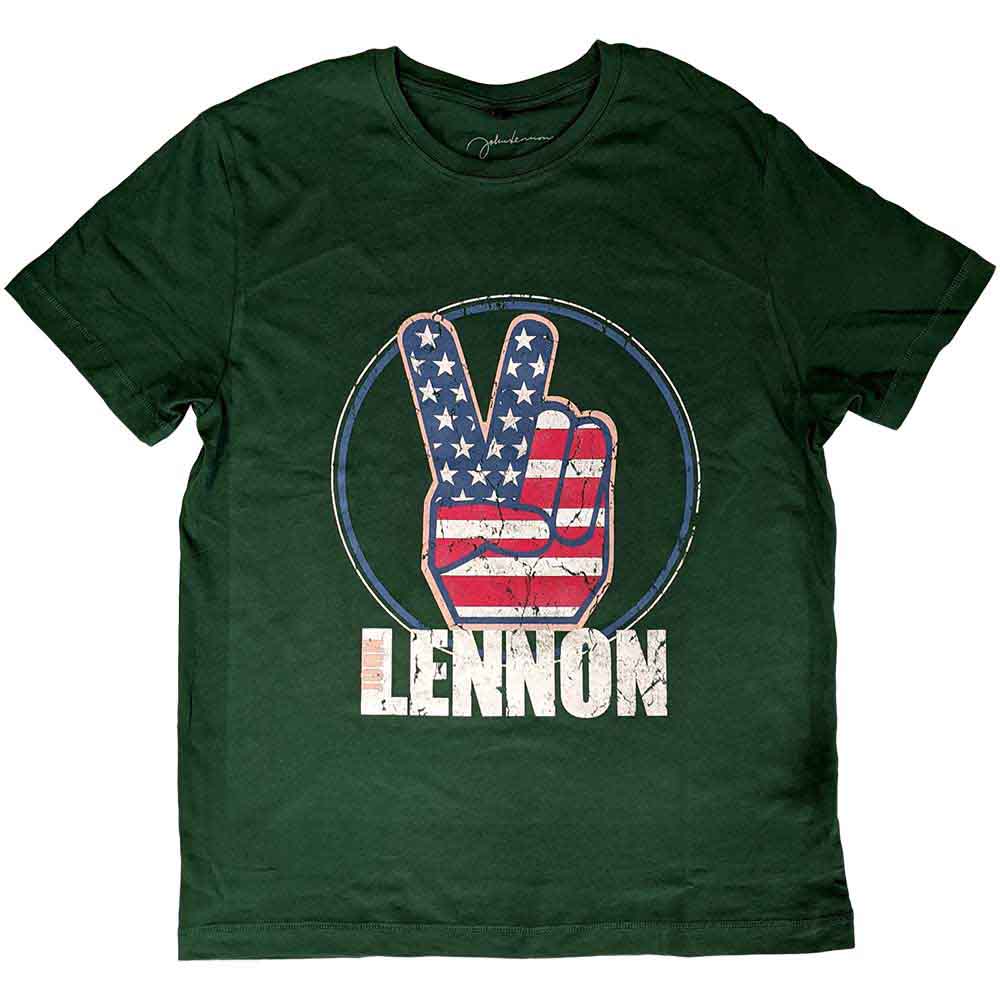 John Lennon Unisex T-Shirt Peace Fingers US Flag Green (XL)