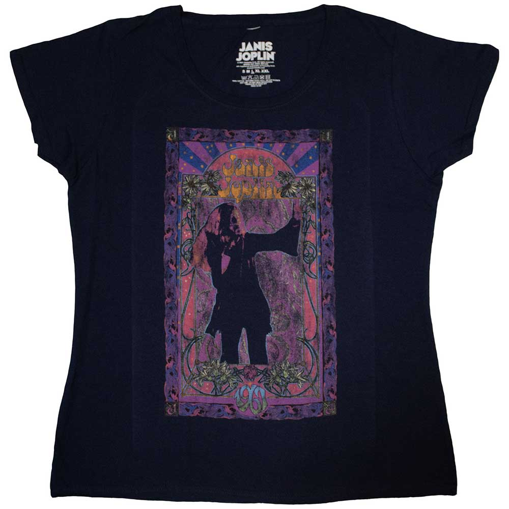 Janis Joplin Ladies Fashion T-Shirt Paisley & Flowers Frame Soft Hand Navy Blue (S)