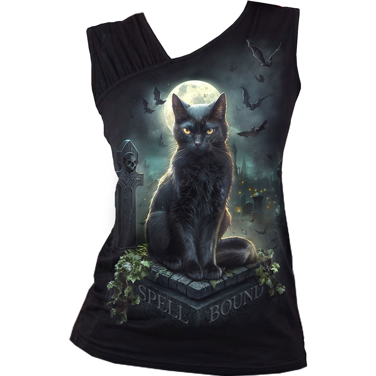 Spiral Ladies Gathered Shoulder Slant Vest T-Shirt Spell Bound Black (XXXXL)