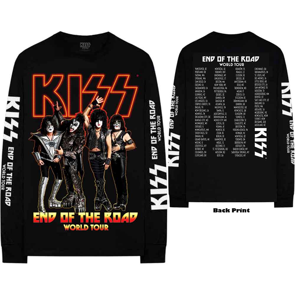 KISS Unisex Long Sleeved T-Shirt End Of The Road Tour (Back/Arm Print) Black (L)