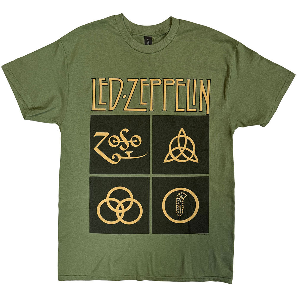 Led Zeppelin Unisex T-Shirt Gold Symbols in Black Square Green (L)