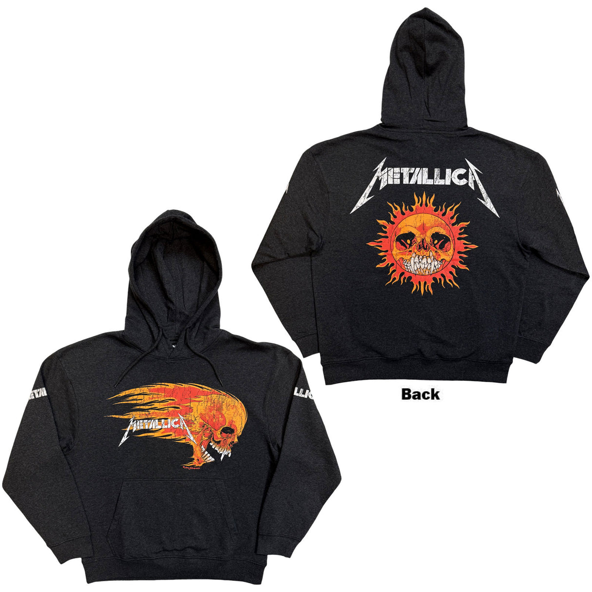 Metallica Unisex Pullover Hoodie Worn Pushead Flaming Skull (Back Print) Grey (S)