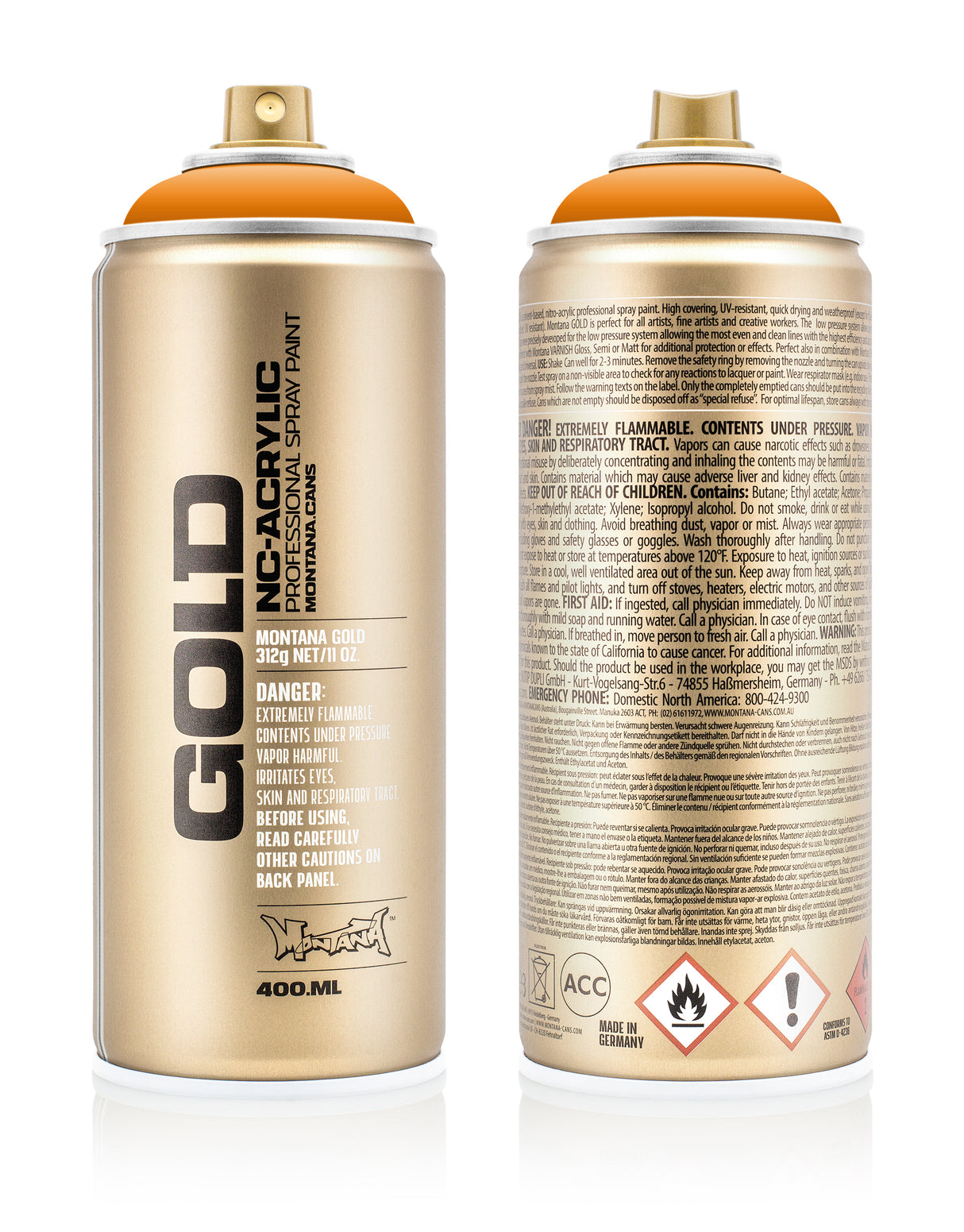 Montana GOLD 400ml Nitro Acrylic Spray Paint Shock Orange Light (S2000)