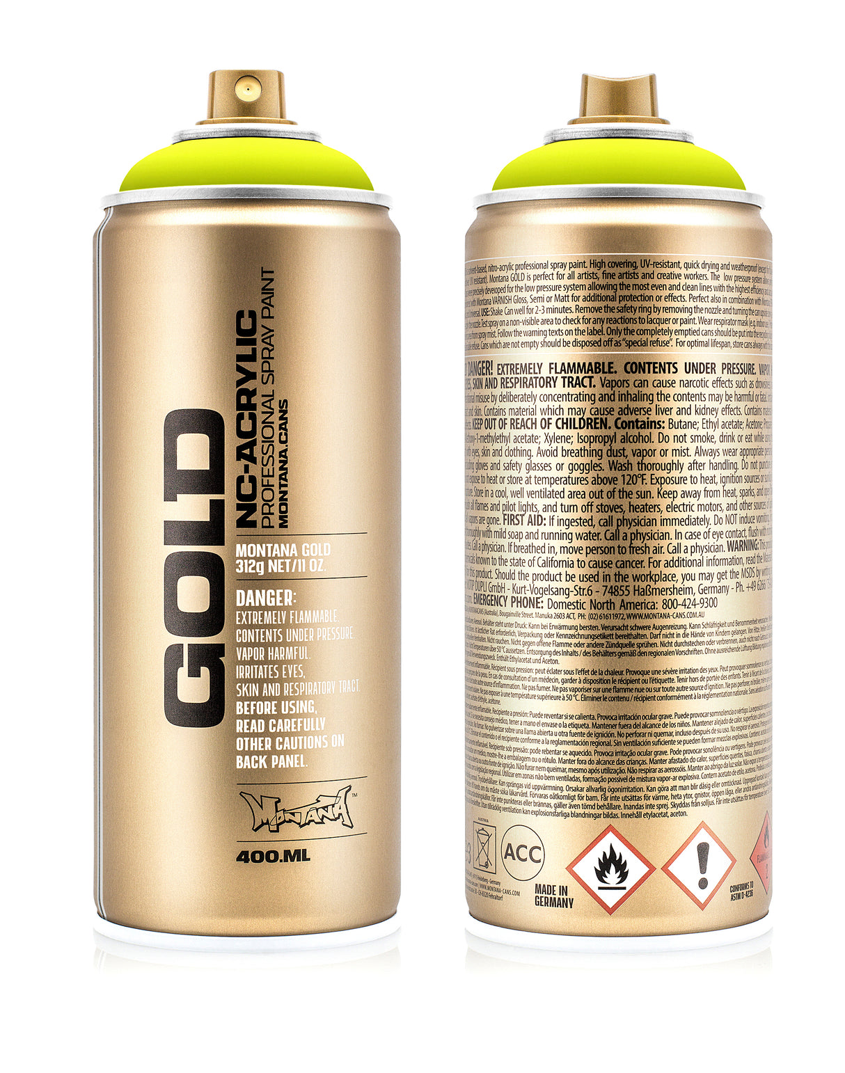 Montana GOLD 400ml Nitro Acrylic Spray Paint Fluorescent Flash Yellow (F1000)