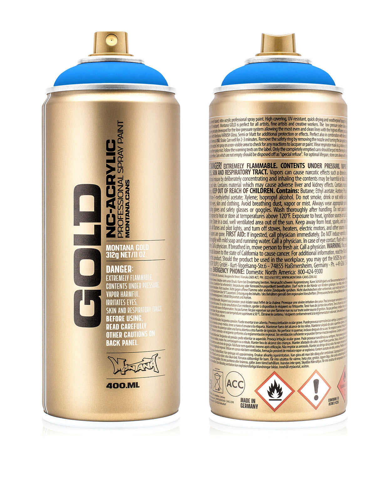 Montana GOLD 400ml Nitro Acrylic Spray Paint Fluorescent Flame Blue (F5000)
