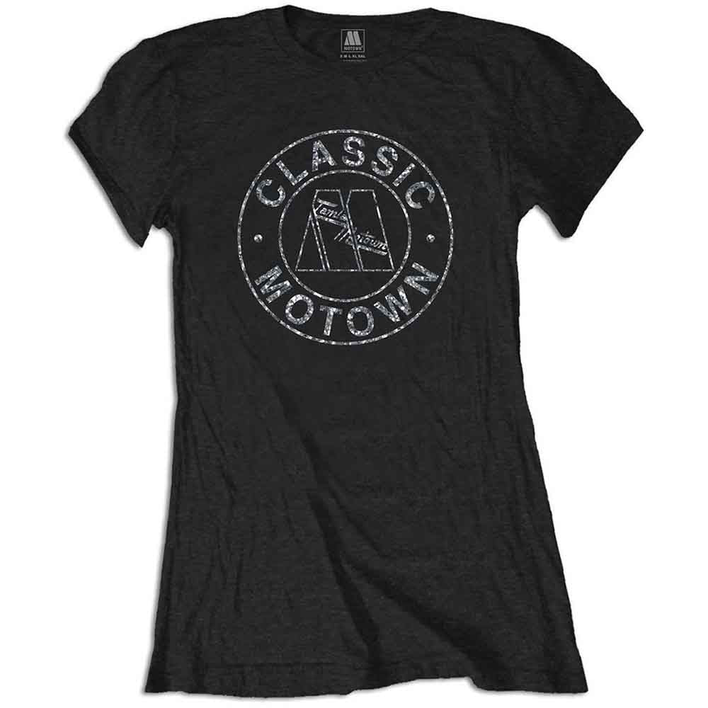 Motown Ladies Fashion T-Shirt Classic Rhinestone Application Black (L)