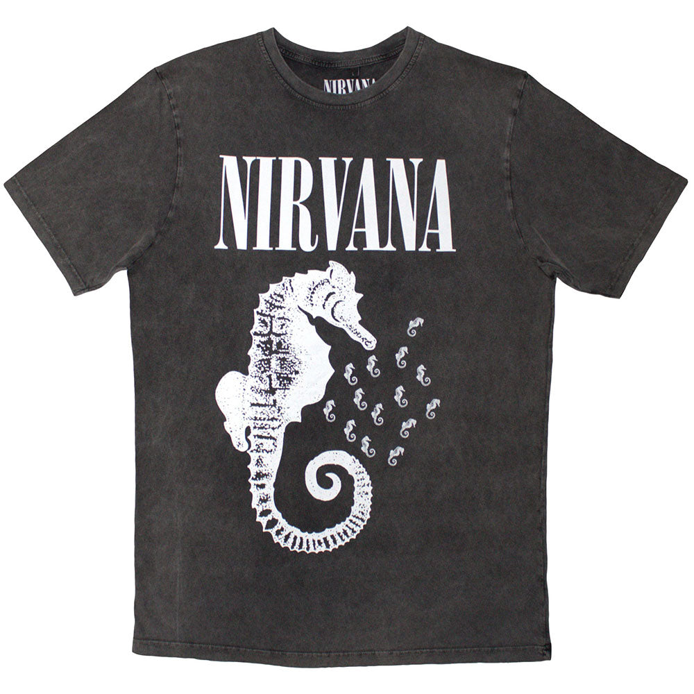 Nirvana Unisex Stone Wash T-Shirt Seahorse & Logo Mono Charcoal Grey (XXL)
