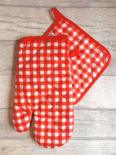 Oven Glove & Pot Holder Set - Red/White Check