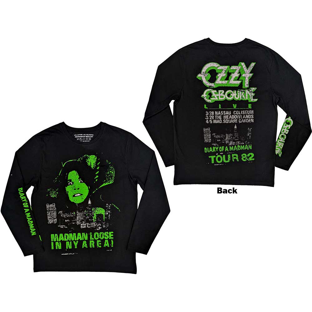 Ozzy Osbourne Unisex Long Sleeve T-Shir Madman Loose (Back/Sleeve) Black (L)