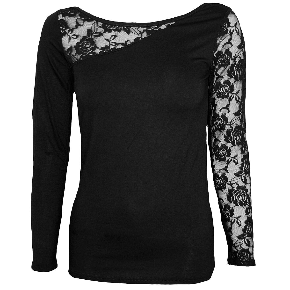 Spiral Ladies Lace One Shoulder Top Plain Black (M)