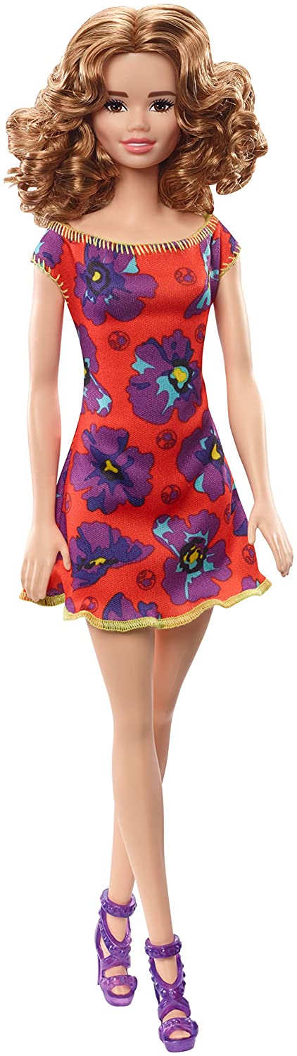 Mattel Barbie Doll Brunette in Red & Purple Floral Dress