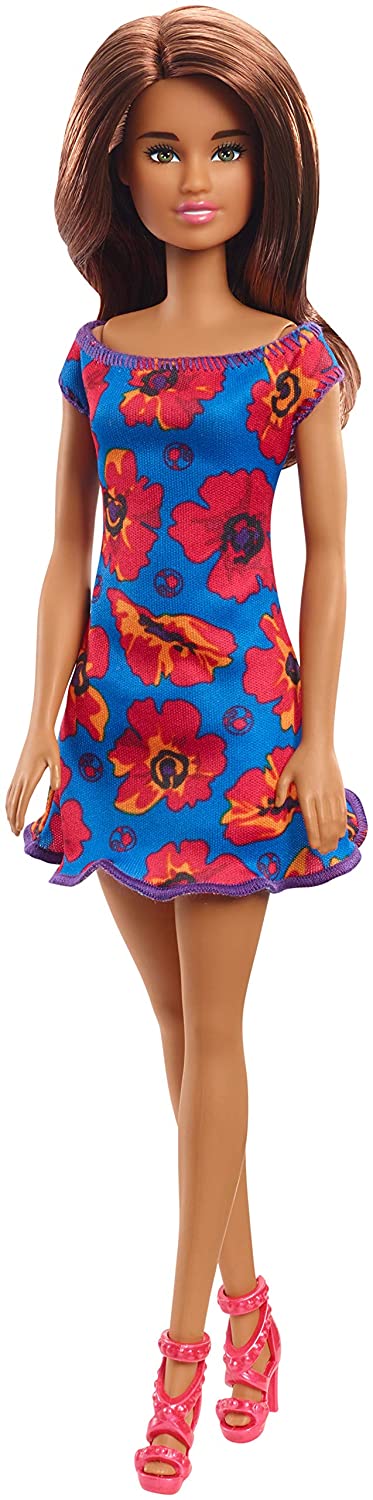 Mattel Barbie Doll Brunette in Blue & Red Floral Dress