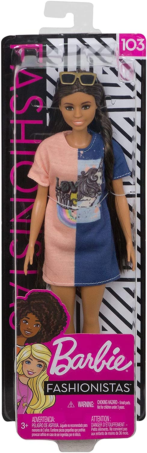 Mattel Barbie Fashionistas Doll 103 2-Tone Graphic Dress Curvy Long Brunette Hair