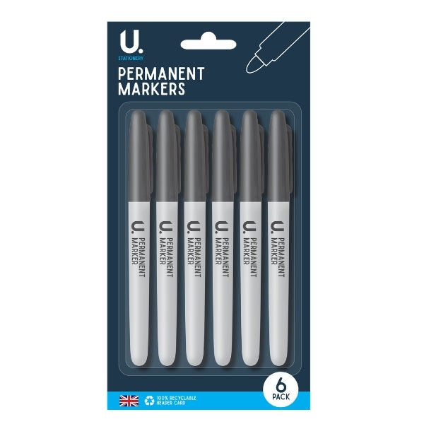 U.Stationery Permanent Marker Pens Black (6pk)