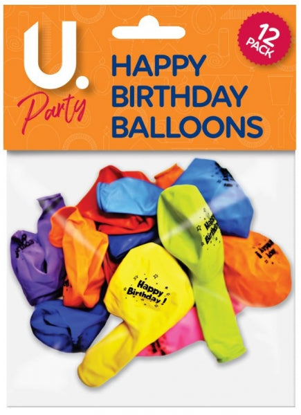 U.Party Balloons Happy Birthday Multi-Coloured (12pk)