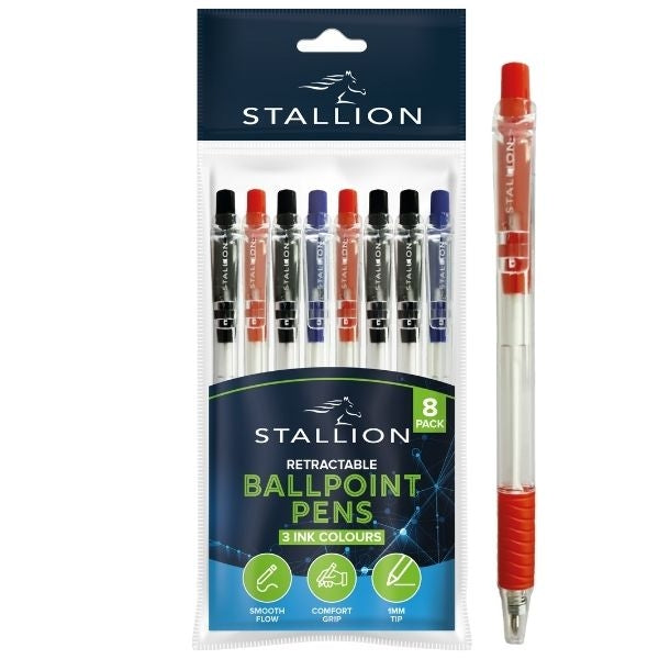 Stallion Retractable Ballpoint Pens Blue/Black/Red (8pk)