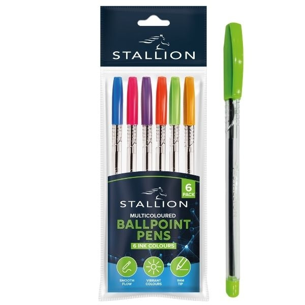 Stallion Pull Cap Ballpoint Pens Multicoloured (6pk)