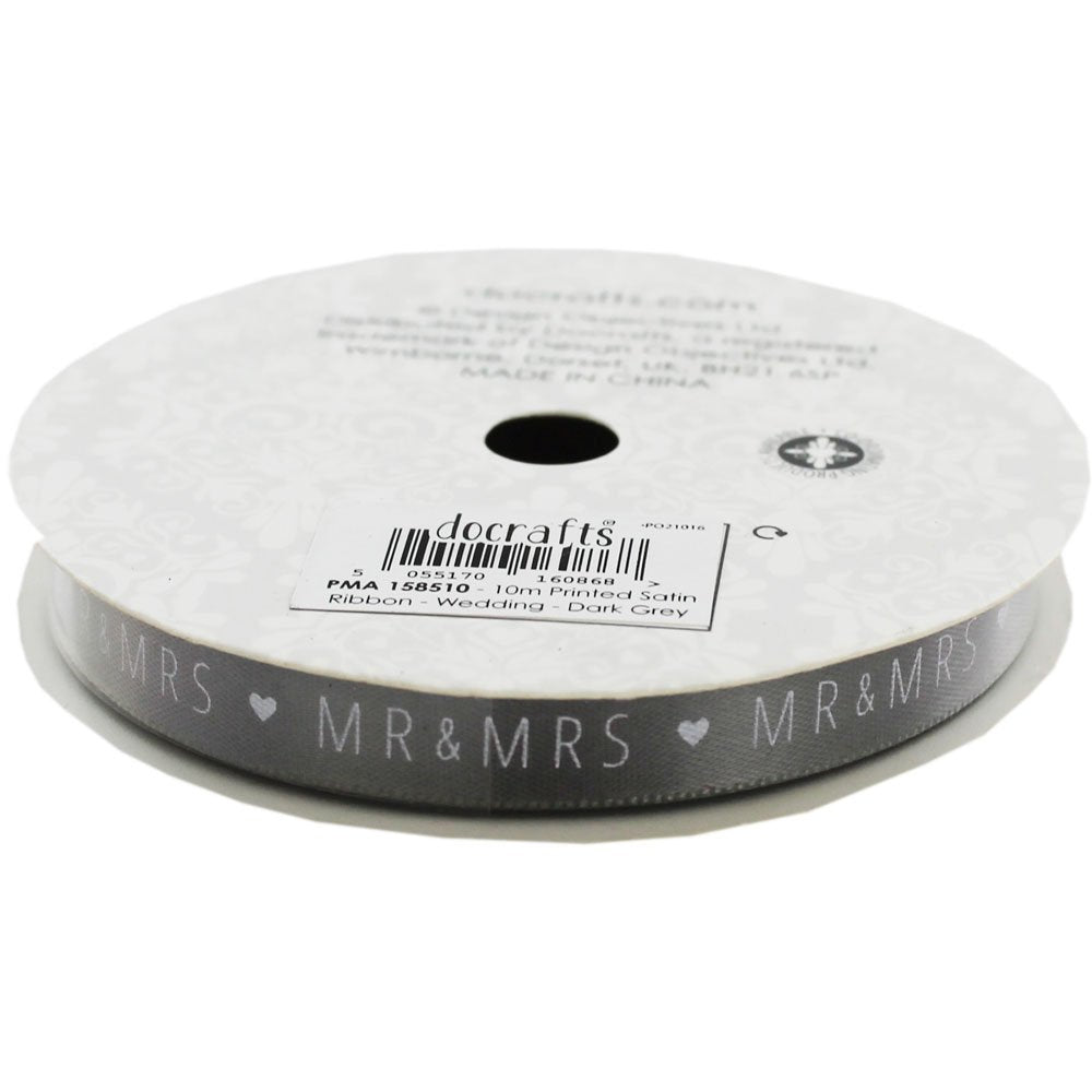 Papermania Wedding Ever After Printed Satin Ribbon - Dark Grey 10m
