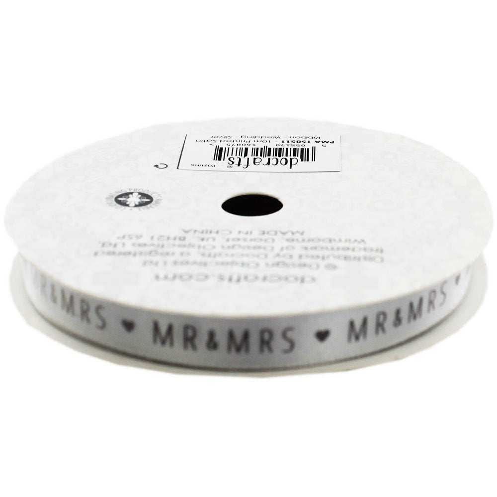 Papermania Wedding Ever After Printed Satin Ribbon - Silver 10m