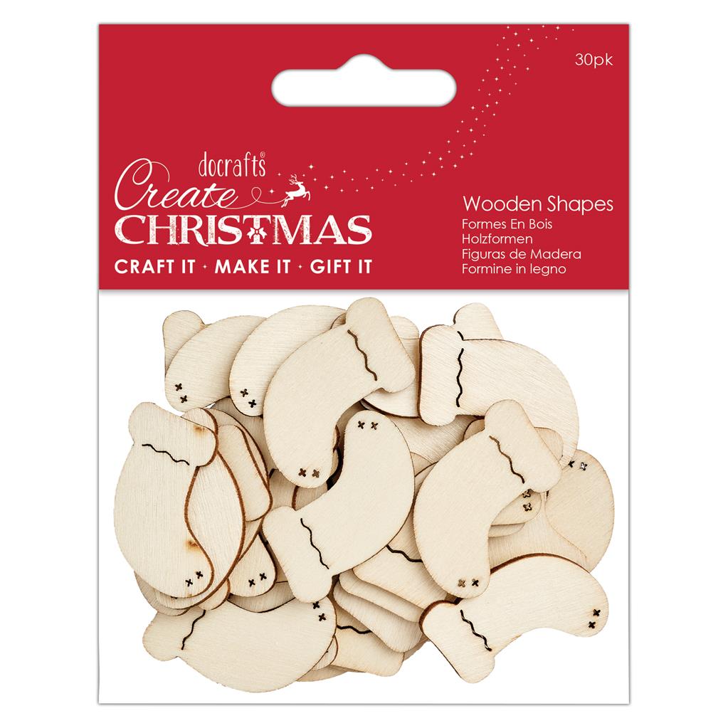 Create Christmas Wooden Shapes - Mini Stockings Natural (30pk)