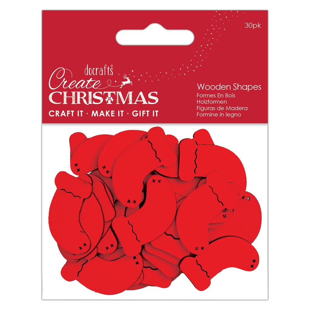 Create Christmas Wooden Shapes - Mini Stockings Red (30pk)
