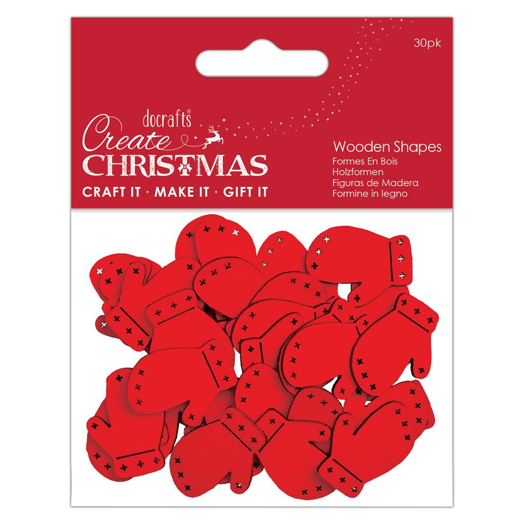 Create Christmas Wooden Shapes - Mini Mittens Red (30pk)