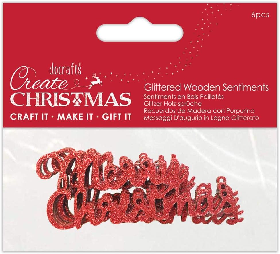 Create Christmas Glittered Wooden Sentiments - Red (6pk)