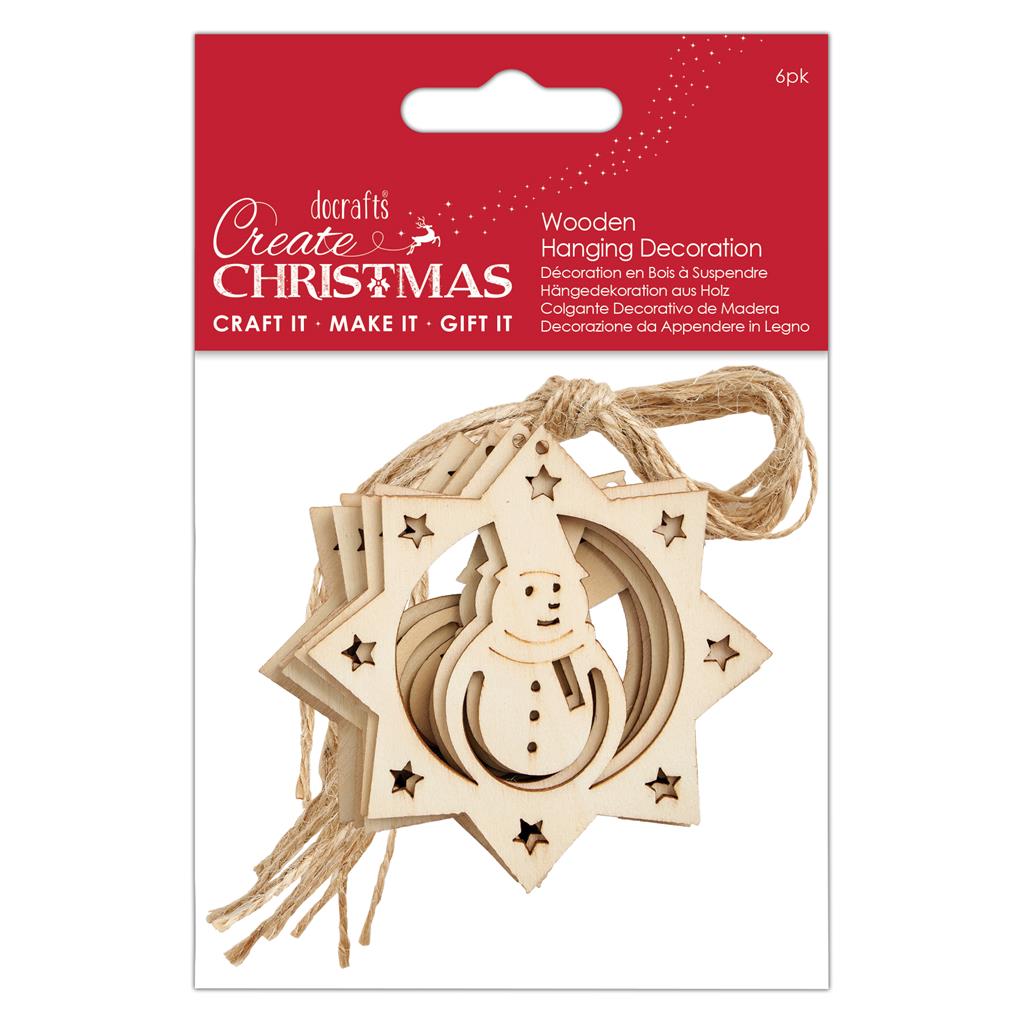 Create Christmas Wooden Hanging Decoration - Snowman (6pk)