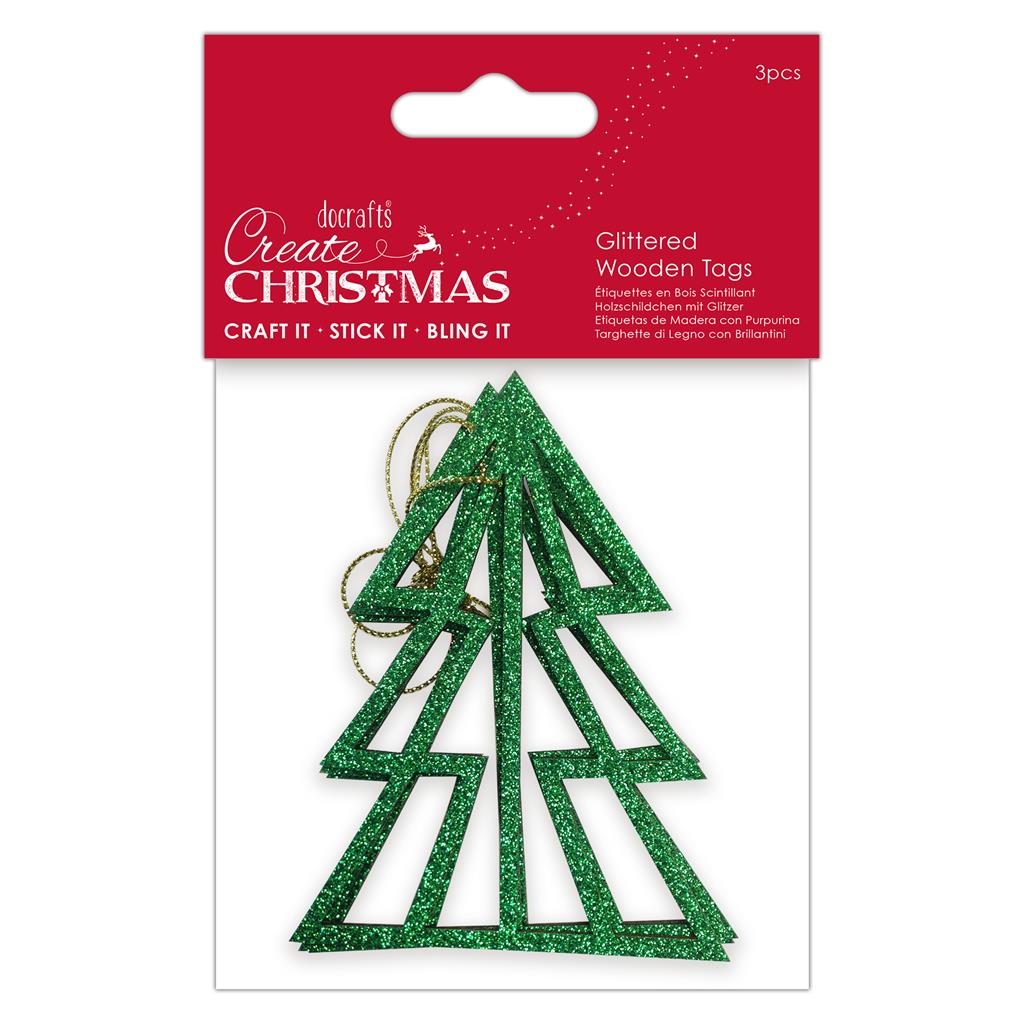 Create Christmas Glittered Wooden Gift Tags - Green Tree (4pk)