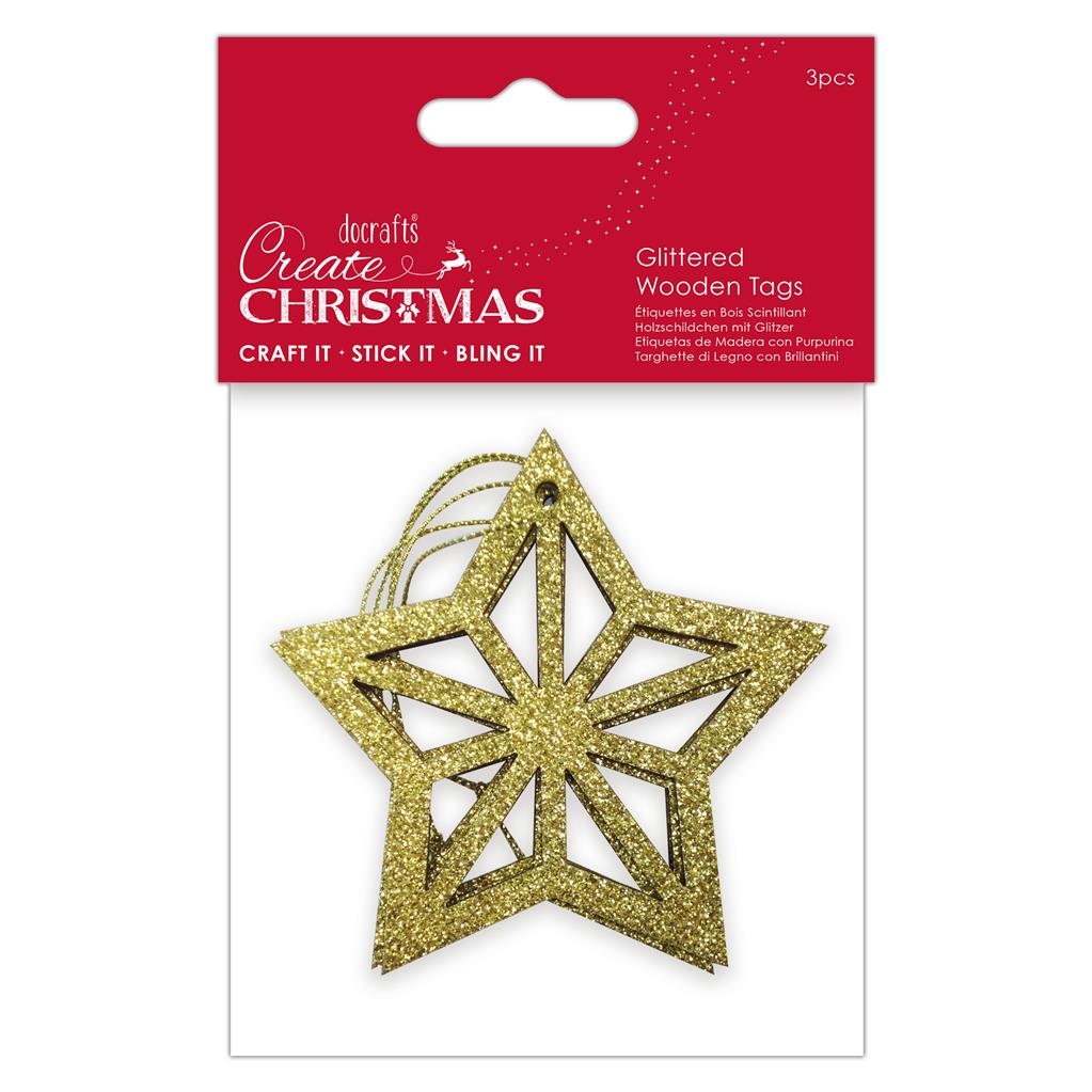 Create Christmas Glittered Wooden Gift Tags - Gold Star (4pk)